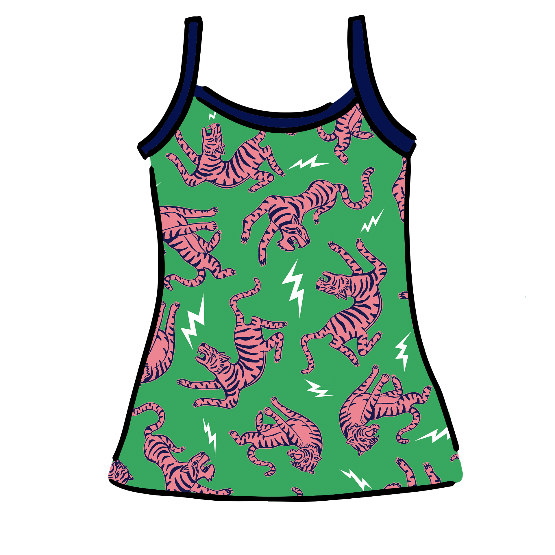Drawing of Thunderpants organic cotton Cami in Electric Tiger - green with pink and blue tigers and white lightning bolts.