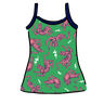 Drawing of Thunderpants organic cotton Cami in Electric Tiger - green with pink and blue tigers and white lightning bolts.