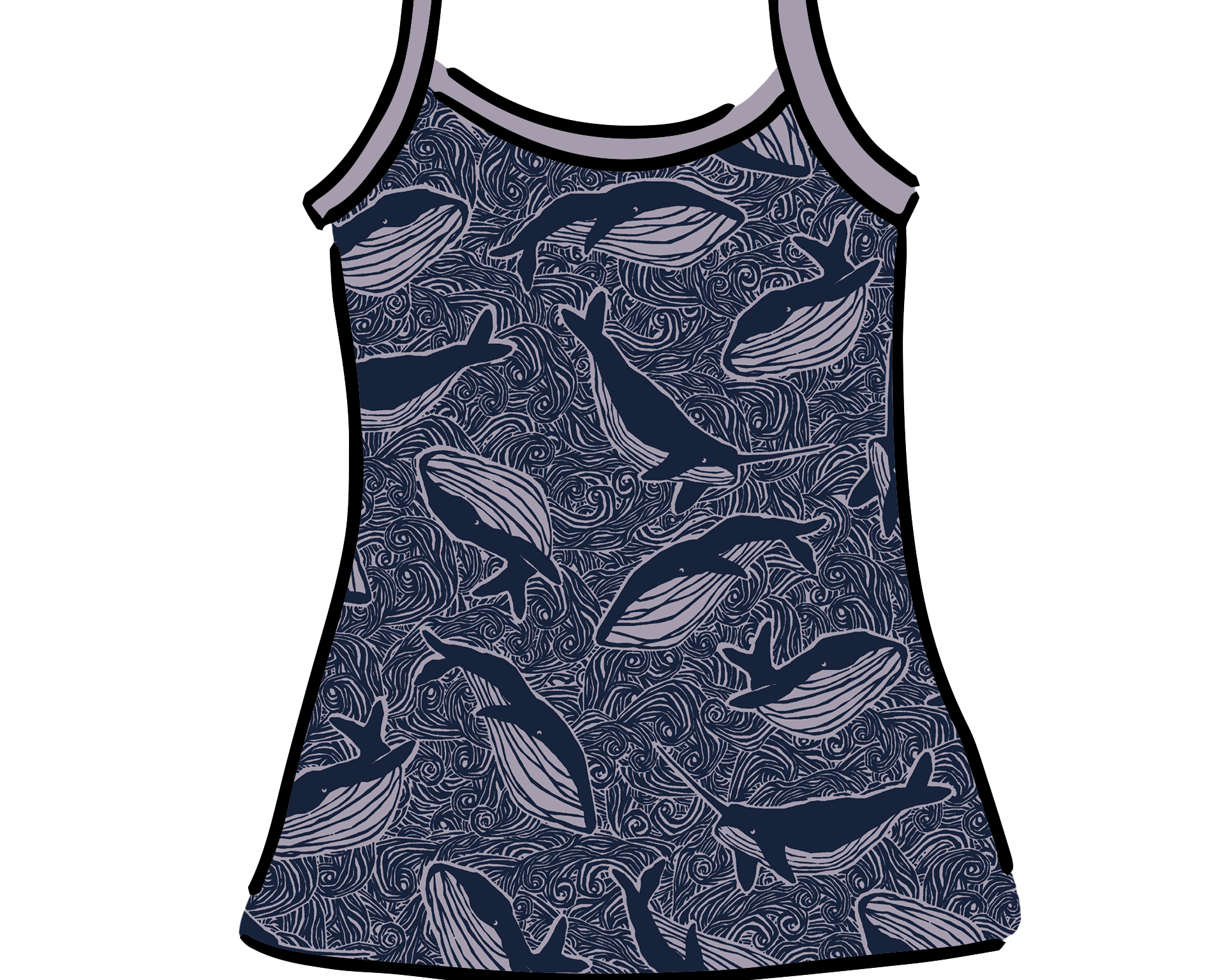 Drawing of Thunderpants Cami in Whale, Whale, Whale print - indigo whales on lavender.