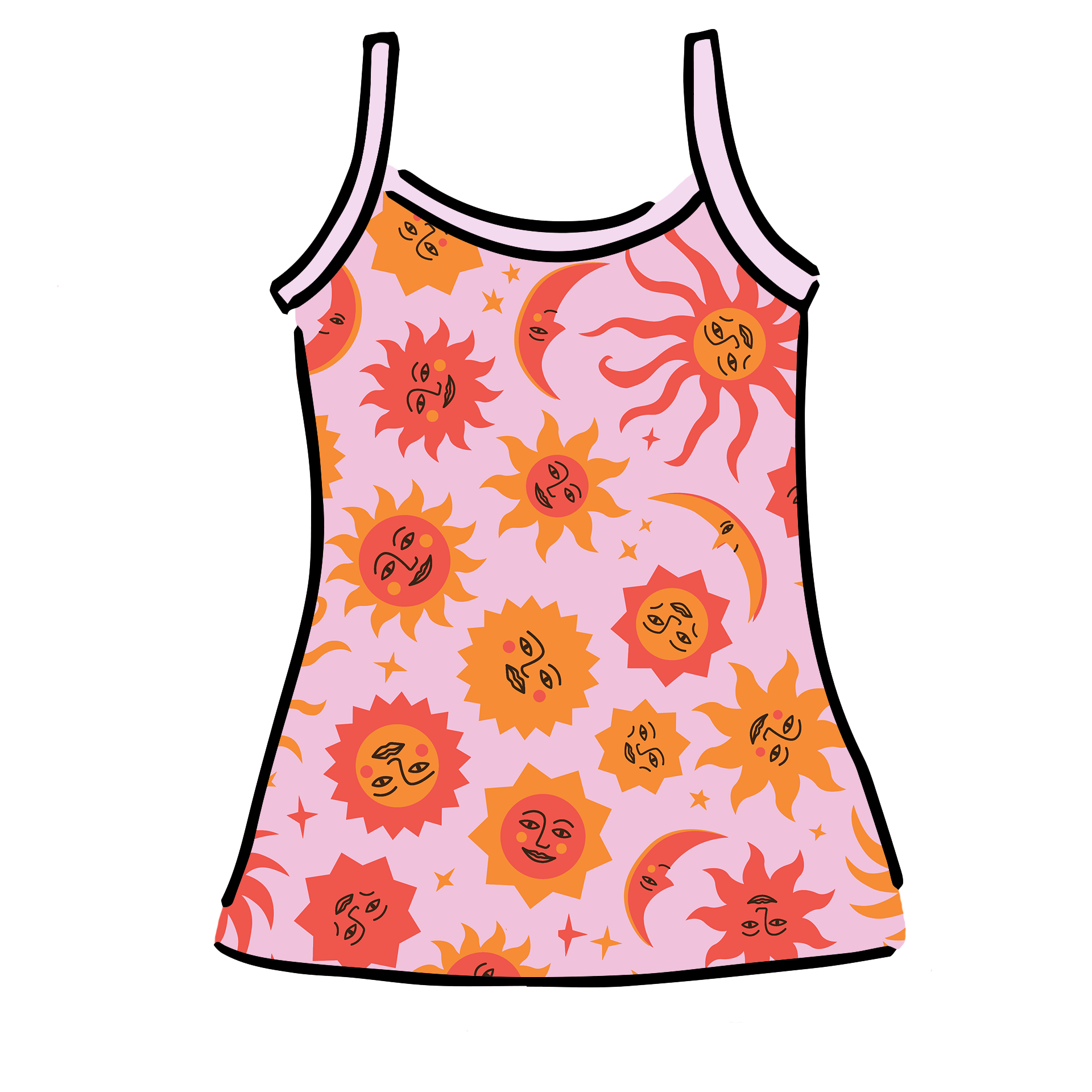 Drawing of Thunderpants Cami in Luna y Sol print - pink, yellow, and orange suns and moons.