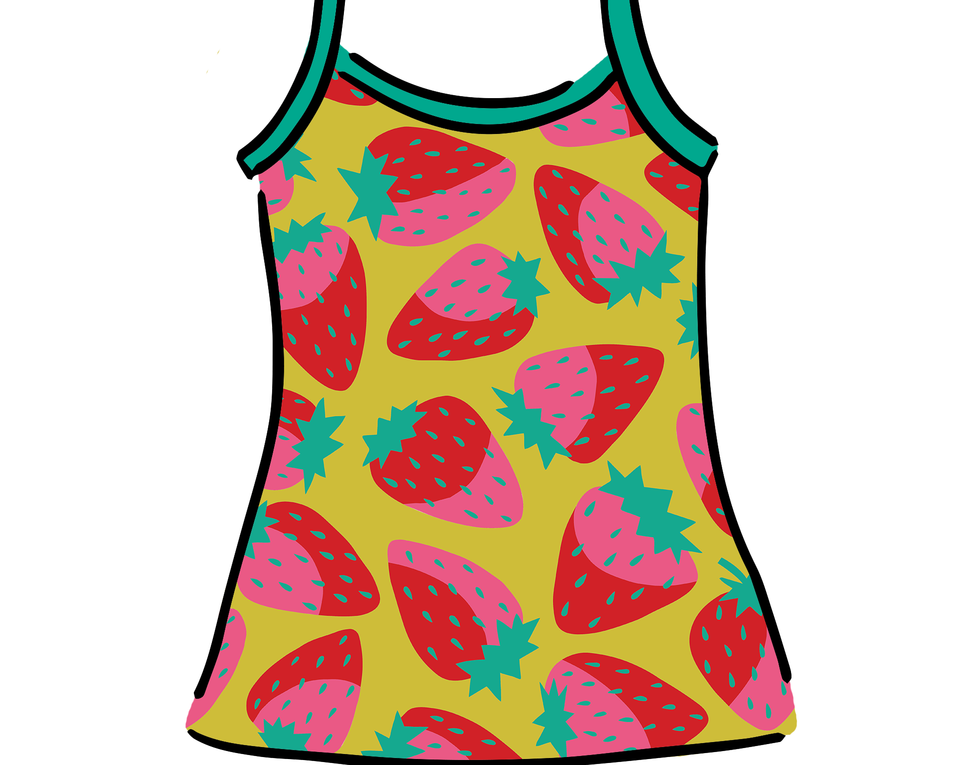 Drawing of Thunderpants Cami in Strictly Strawberry - pink, red, and green strawberry on a yellow background.