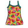 Drawing of Thunderpants Cami in Strictly Strawberry - pink, red, and green strawberry on a yellow background.