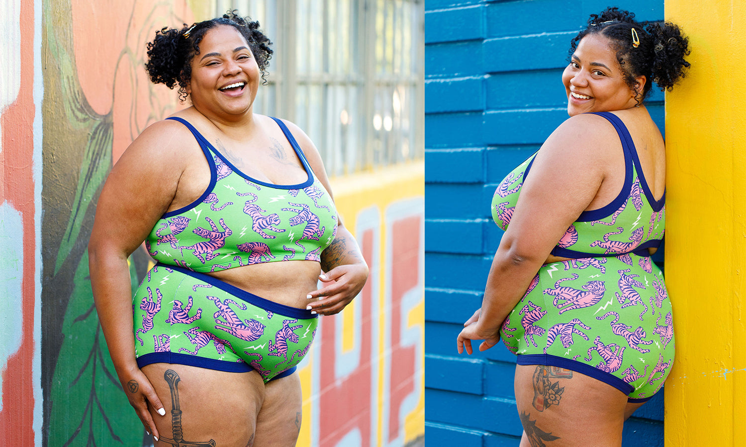 Model wearing sets of organic cotton Thunderpants Electric Tiger print - pink and blue tigers on a green background.