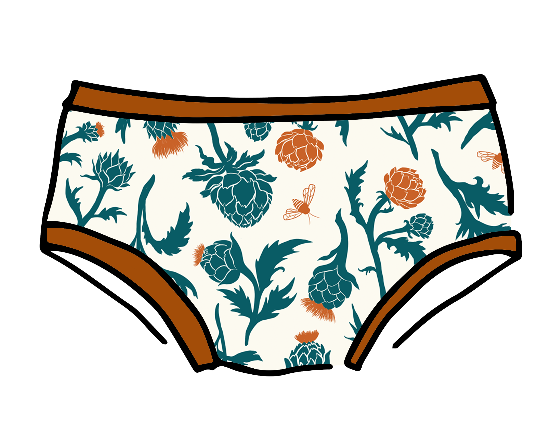 Drawing of Thunderpants Hipster style underwear in Robben's Artichokes print - teal and rust artichokes and bees.