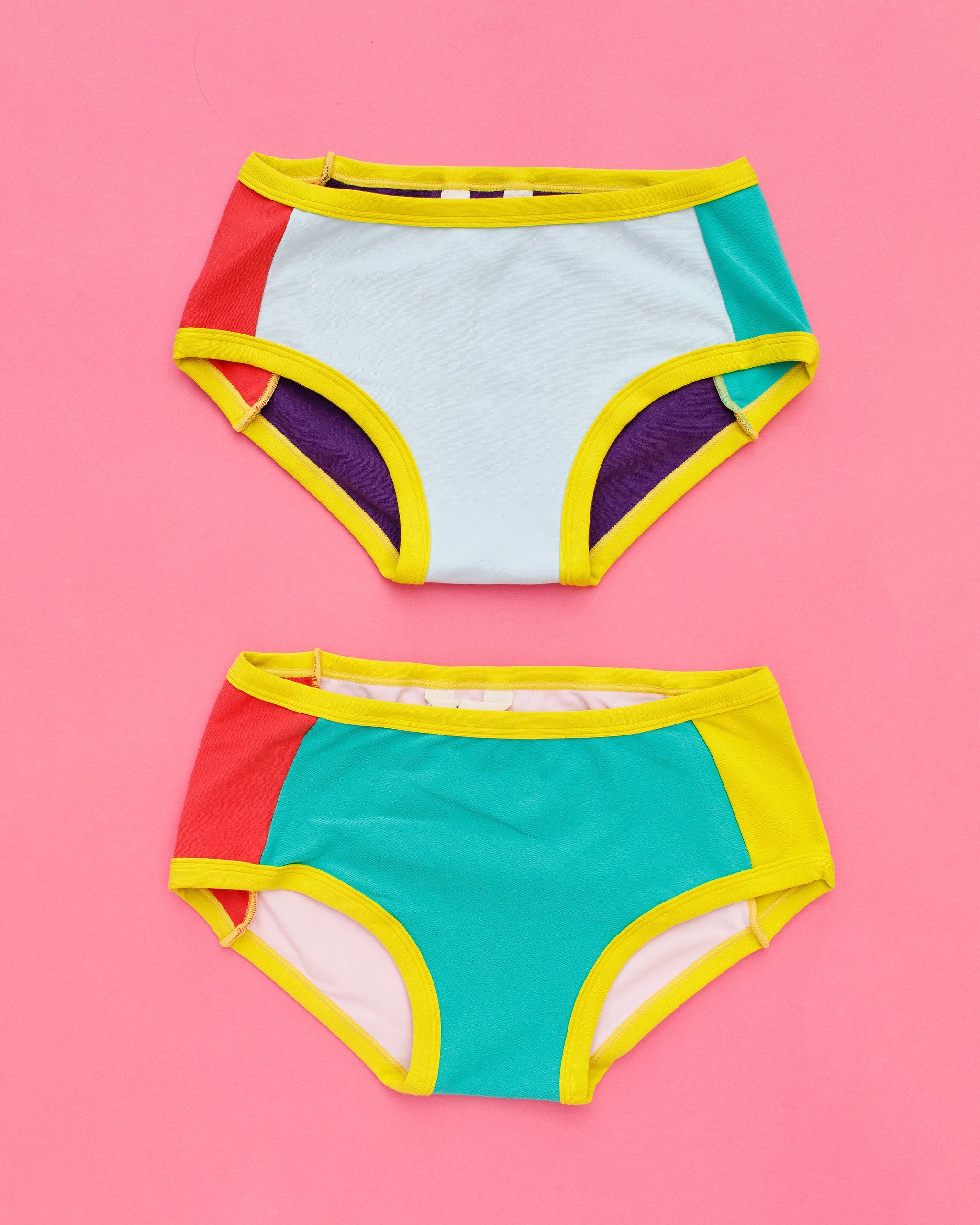 Flat lay of Thunderpants Hipster style underwear in Color Block Panel Pants - random solid colors.