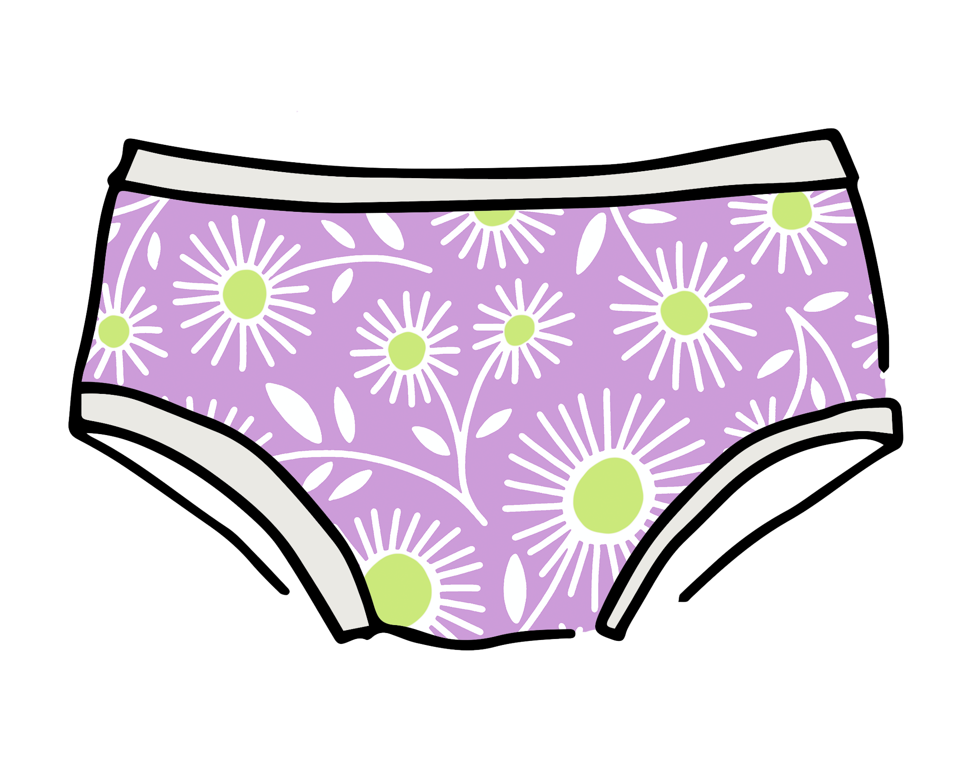 Drawing of Thunderpants Hipster style underwear in Delia's Daisy - white, green, and purple daisies print.