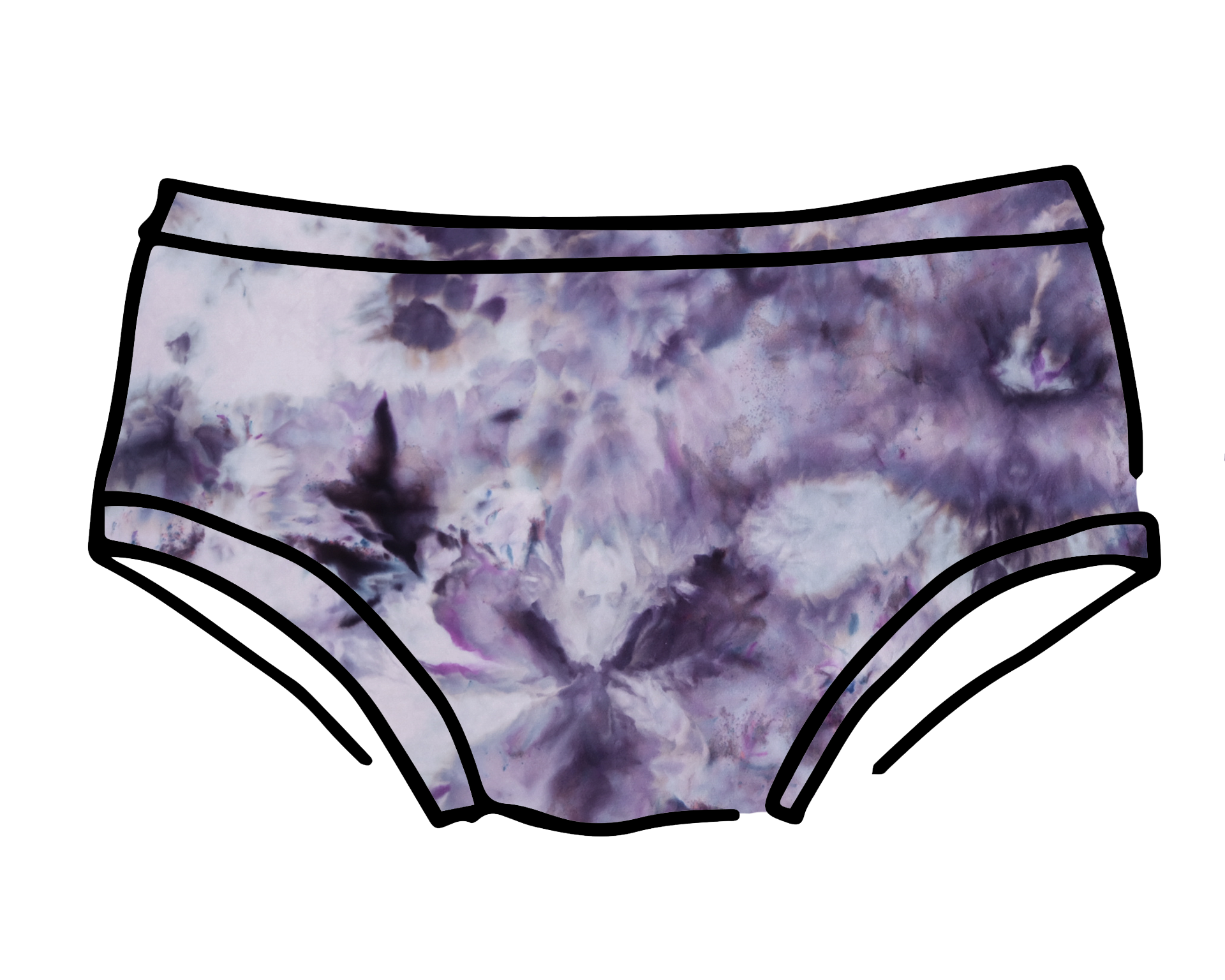 Drawing of Thunderpants Hipster style underwear in Haunted Haze Ice Dye - purply grey dye pattern.