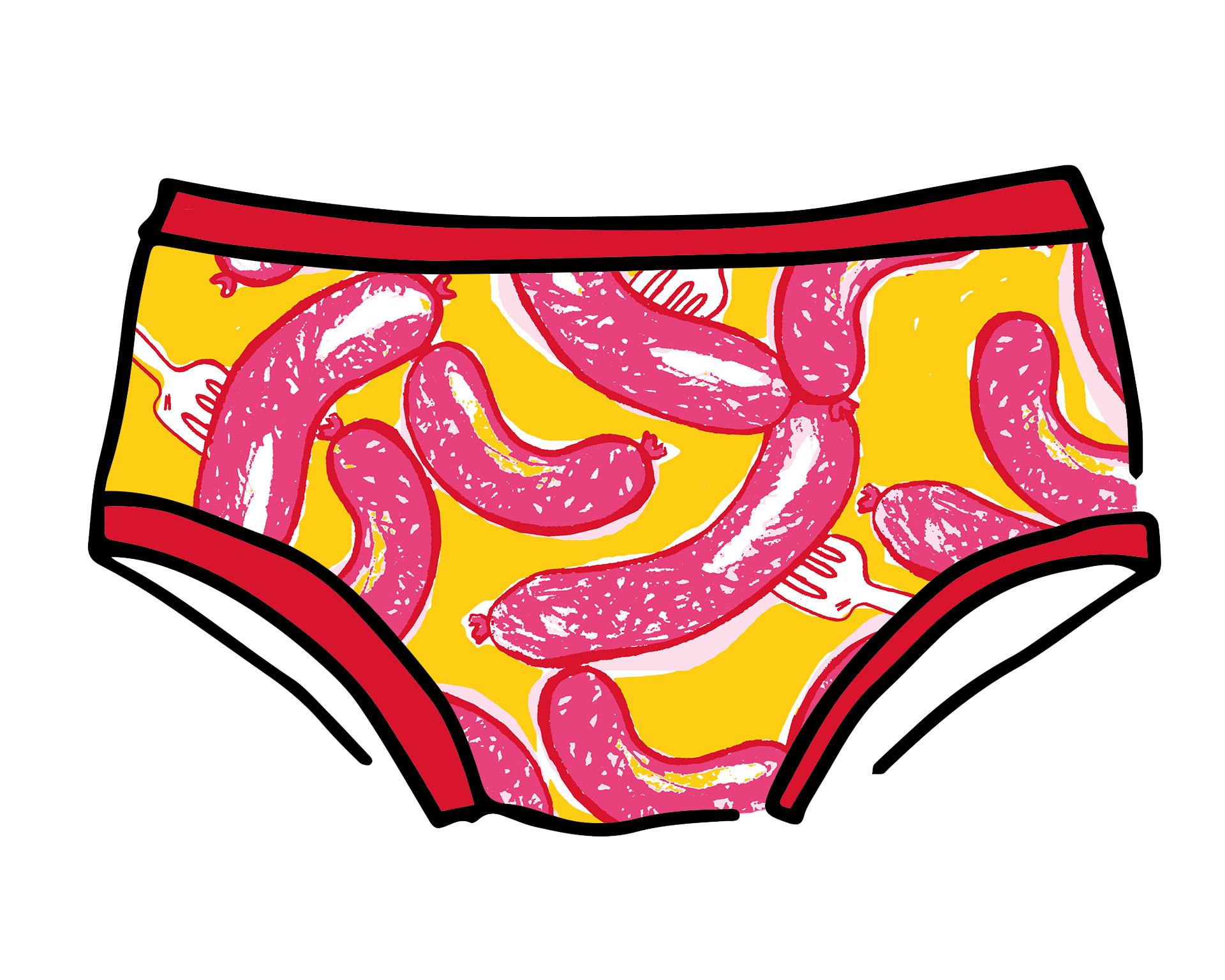 Models wearing Thunderpants Hipster style underwear in Hot Dawg! print - pink sausages on yellow background and red binding.