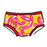 Models wearing Thunderpants Hipster style underwear in Hot Dawg! print - pink sausages on yellow background and red binding.