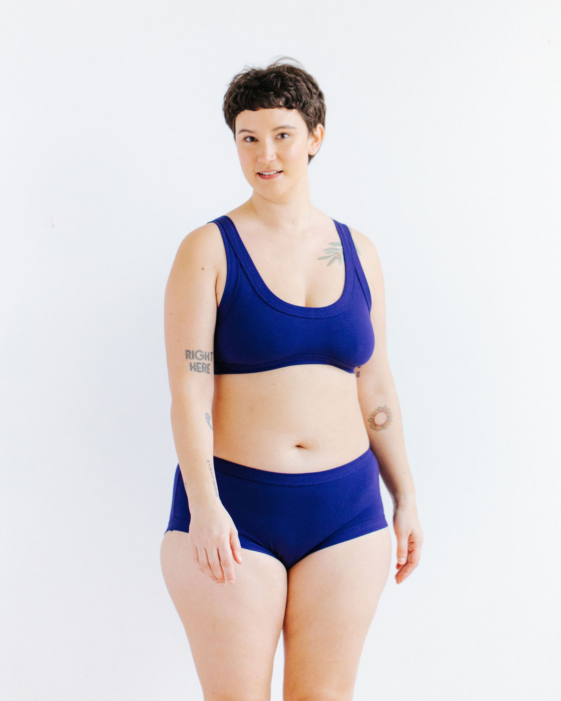 Drawing of Thunderpants Hipster style underwear and Bralette in Indigo blue.