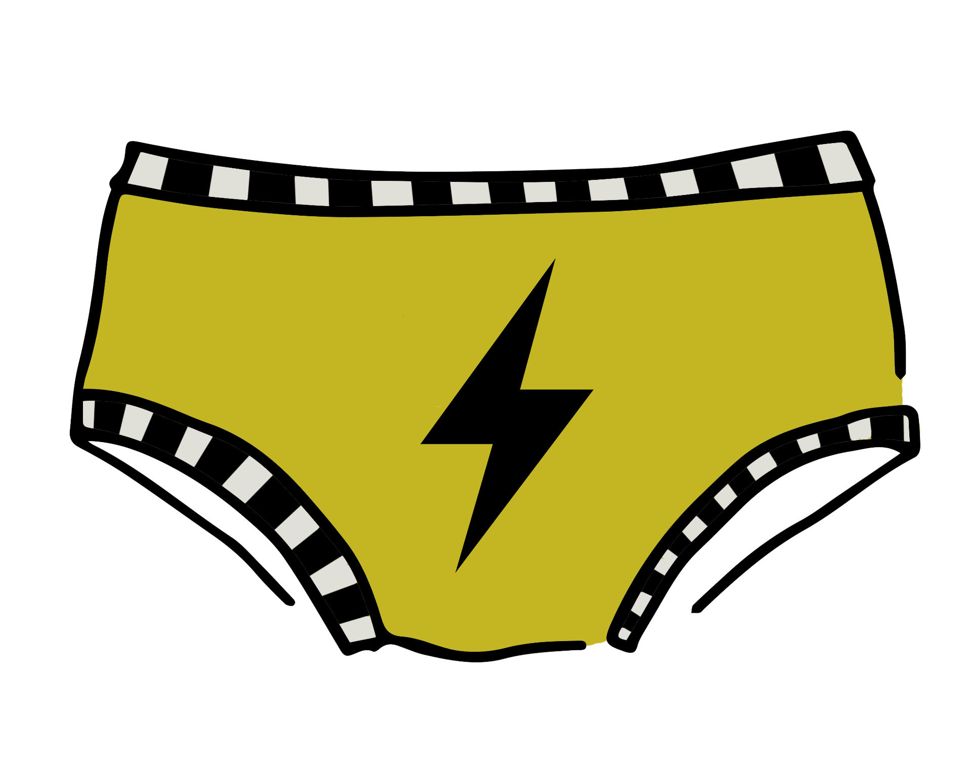 Drawing of Thunderpants Hipster style underwear in Thunderstruck - yellow with a black lightning bolt.