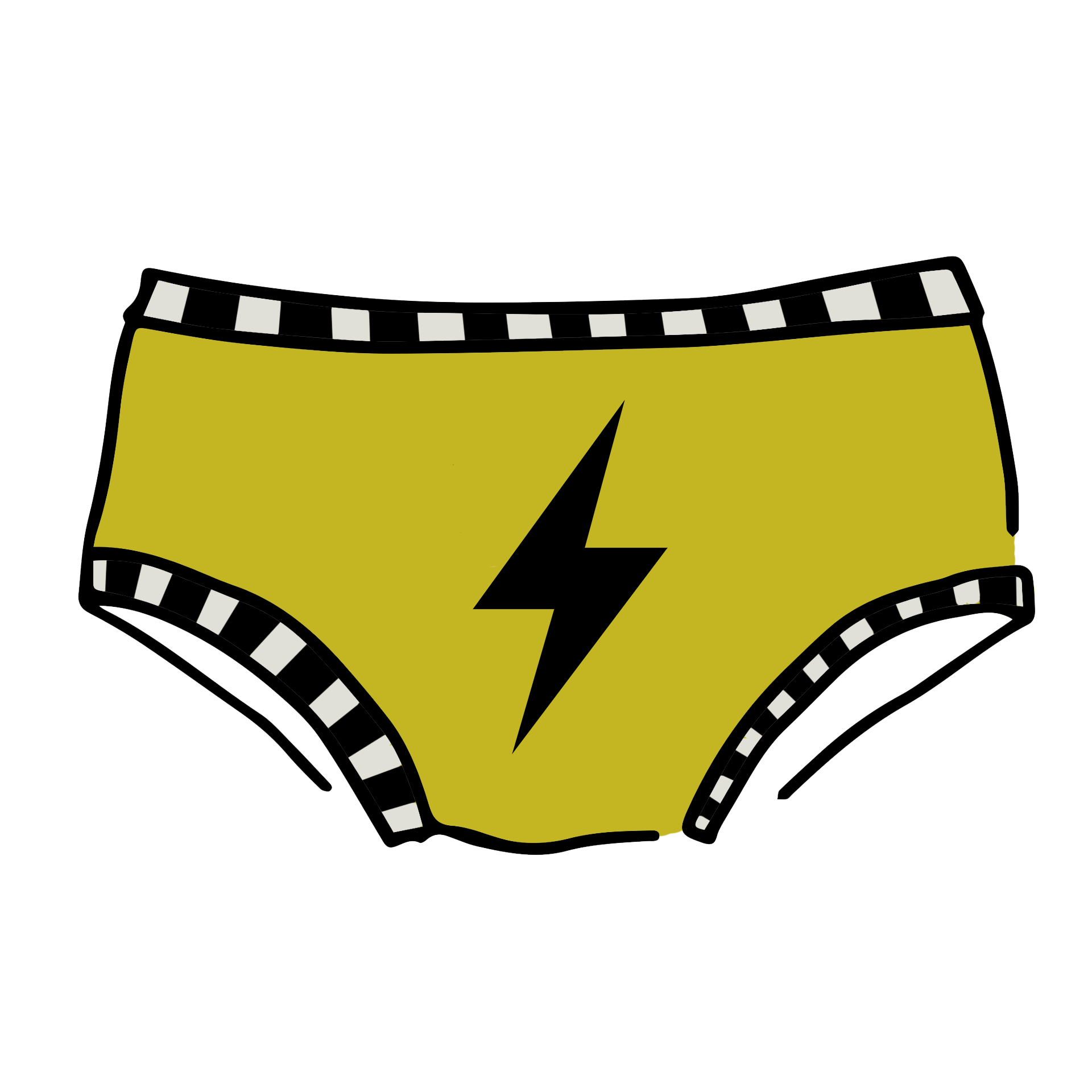Drawing of Thunderpants Hipster style underwear in Thunderstruck - yellow with a black lightning bolt.