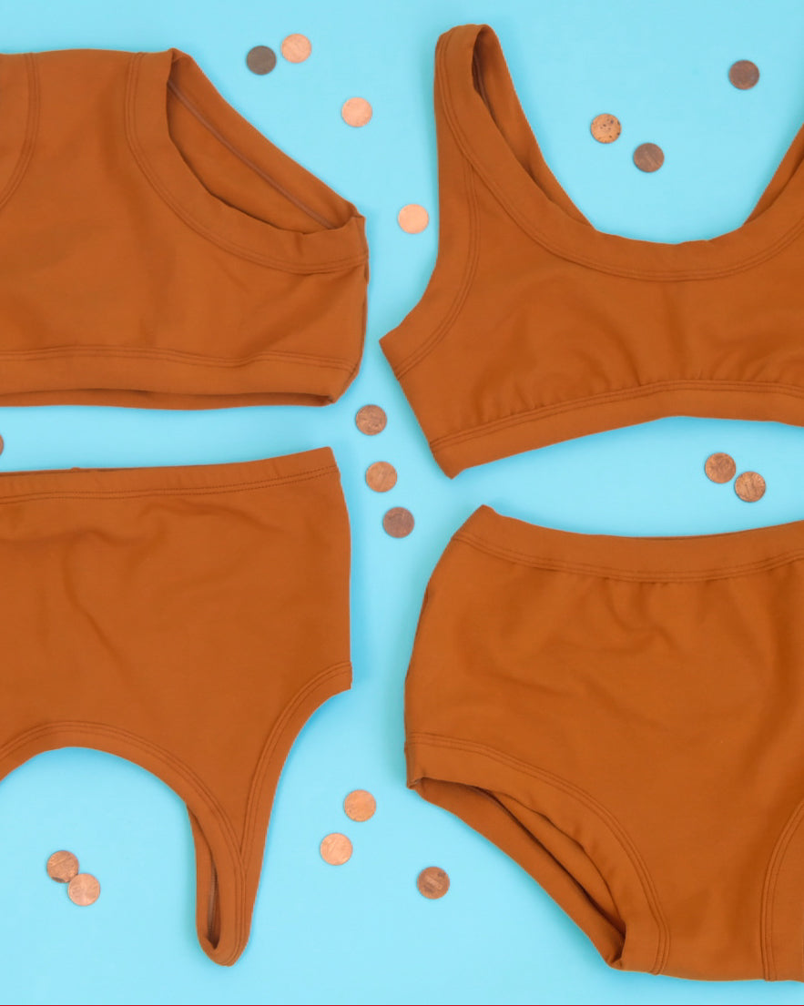 Flat Lay of Thunderpants Hipster style underwear and Bralette in Lucky Penny - a rust color.