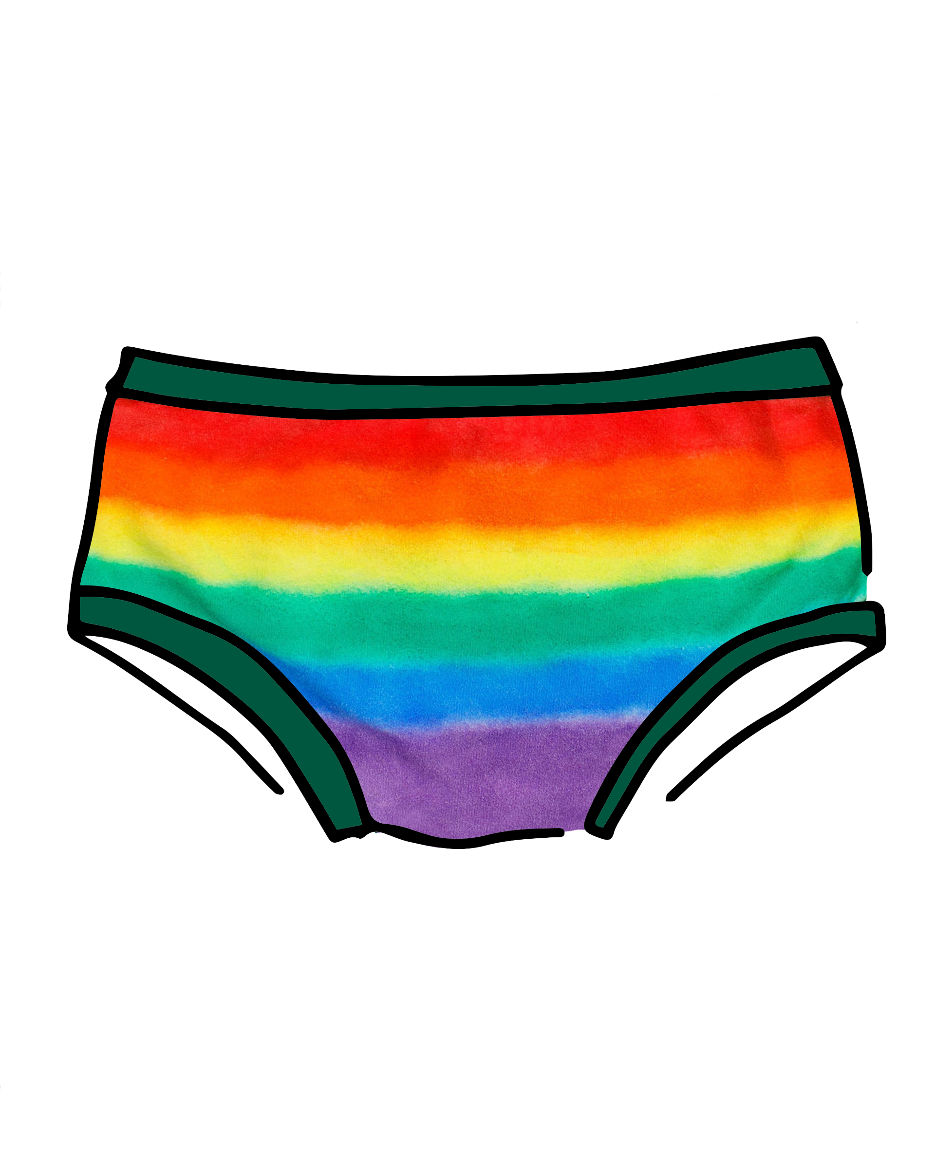 Drawing of Thunderpants hipster style underwear in rainbow dye with emerald green binding.