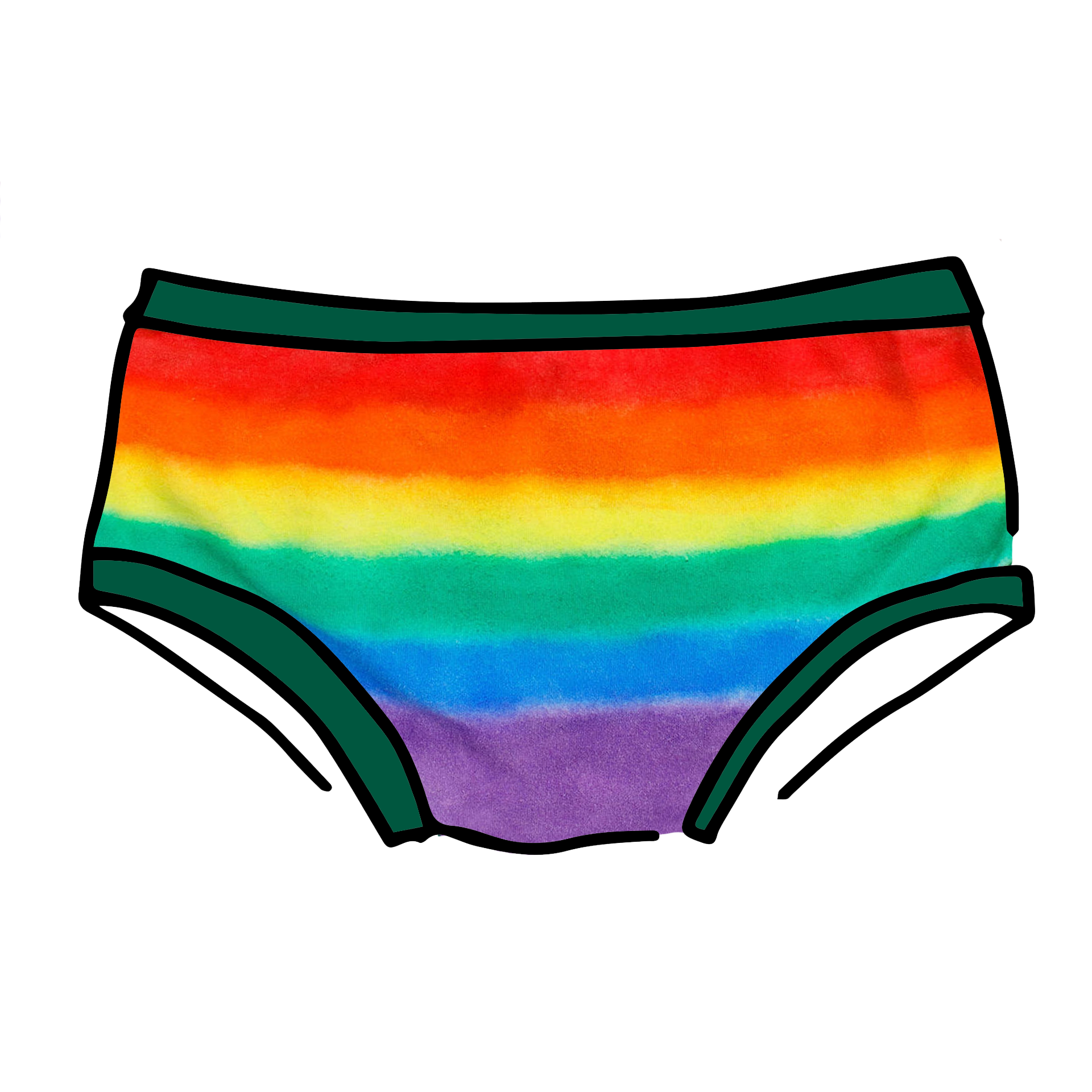 Drawing of Thunderpants hipster style underwear in rainbow dye with emerald green binding.