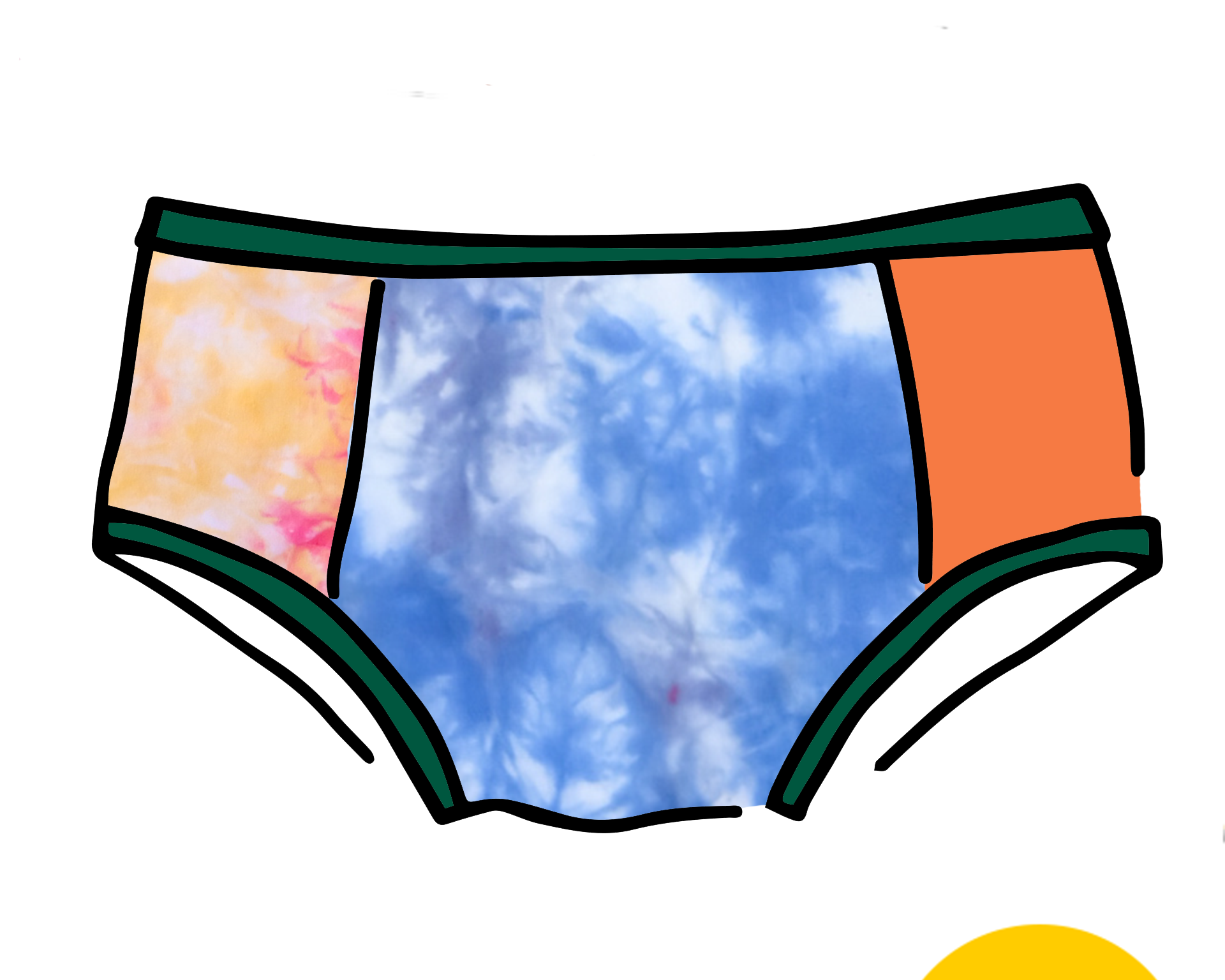 Drawing of Thunderpants Hipster style underwear in Dye Scrap Panel Pants - a mix of solids and dyed fabrics.