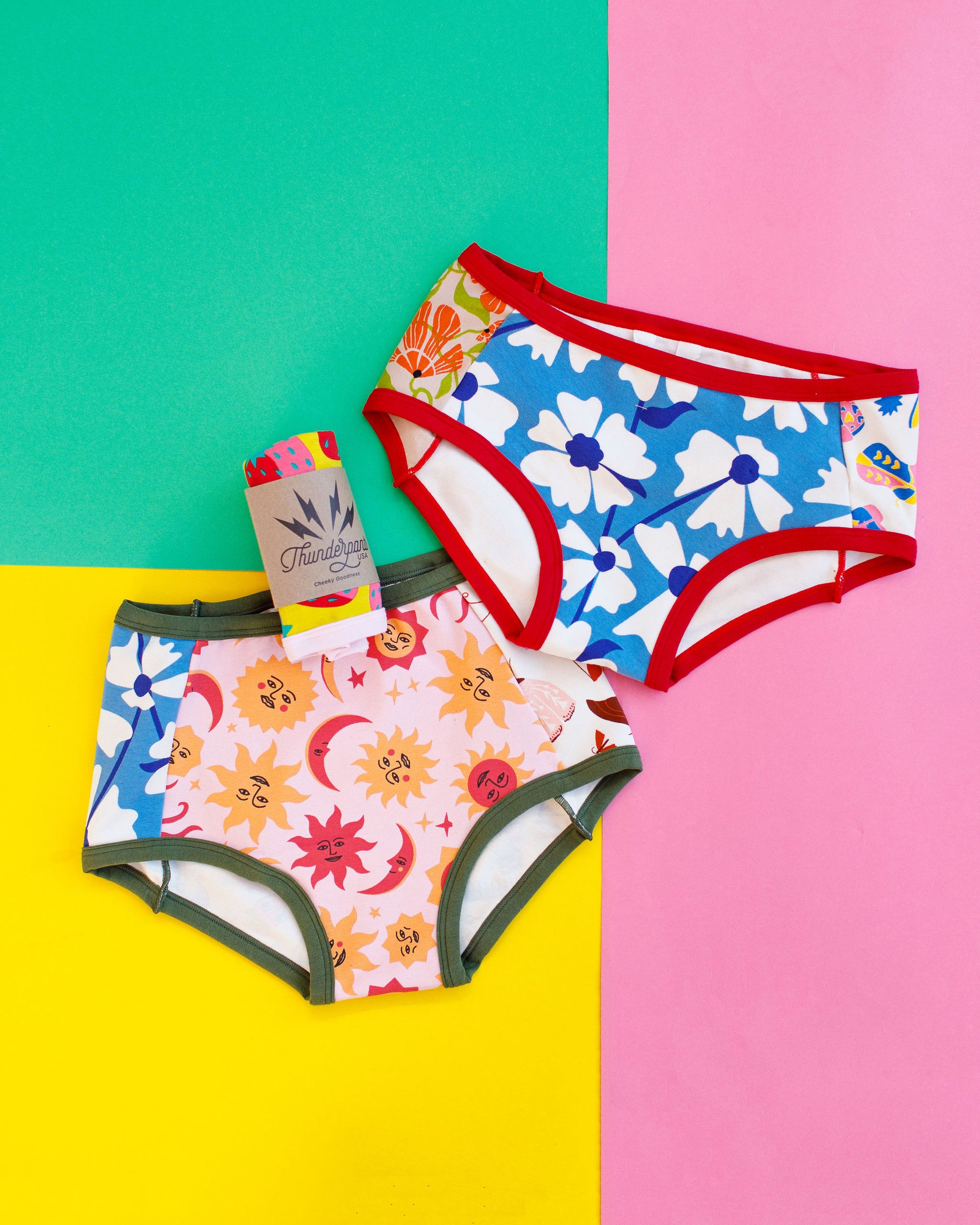 Flat lay of Thunderpants Hipster Panel Pant style underwear with various prints and colors.