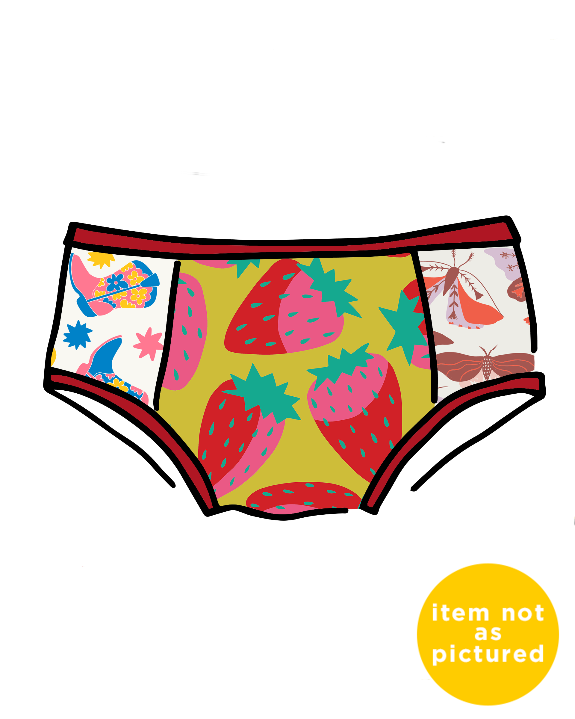 Drawing of Thunderpants Hipster Panel Pant style underwear with various prints and colors.