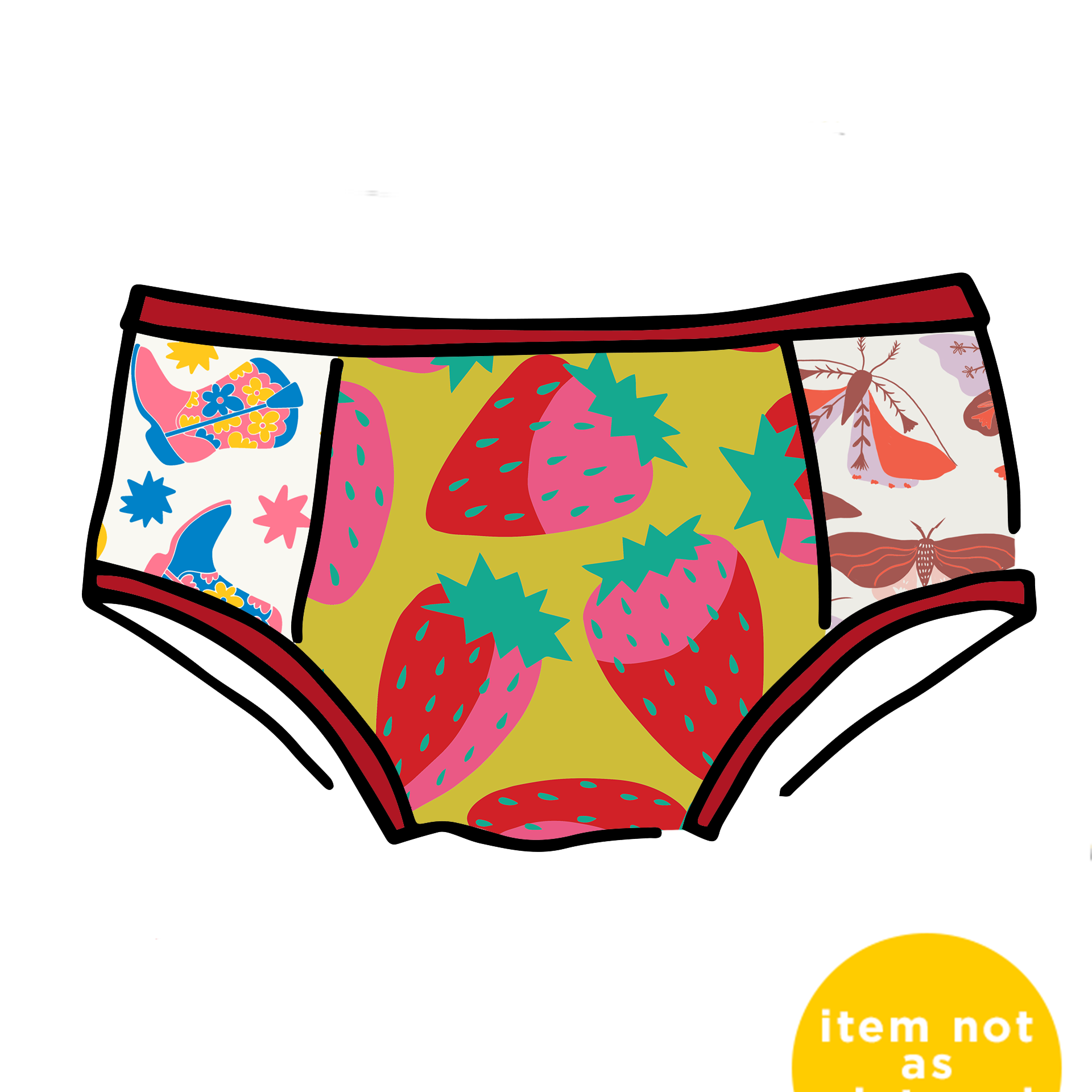 Drawing of Thunderpants Hipster Panel Pant style underwear with various prints and colors.