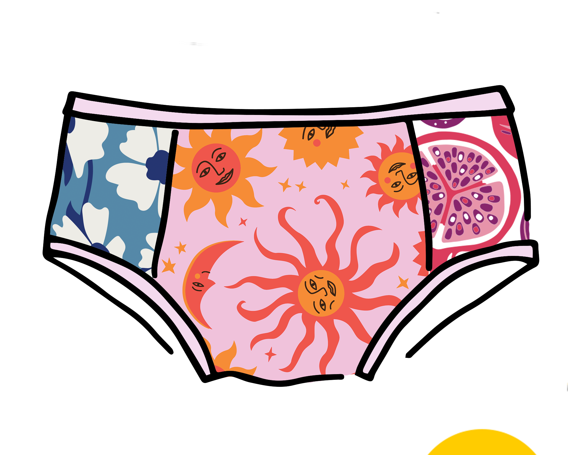 Drawing of Thunderpants Hipster Panel Pant style underwear with various prints and colors.