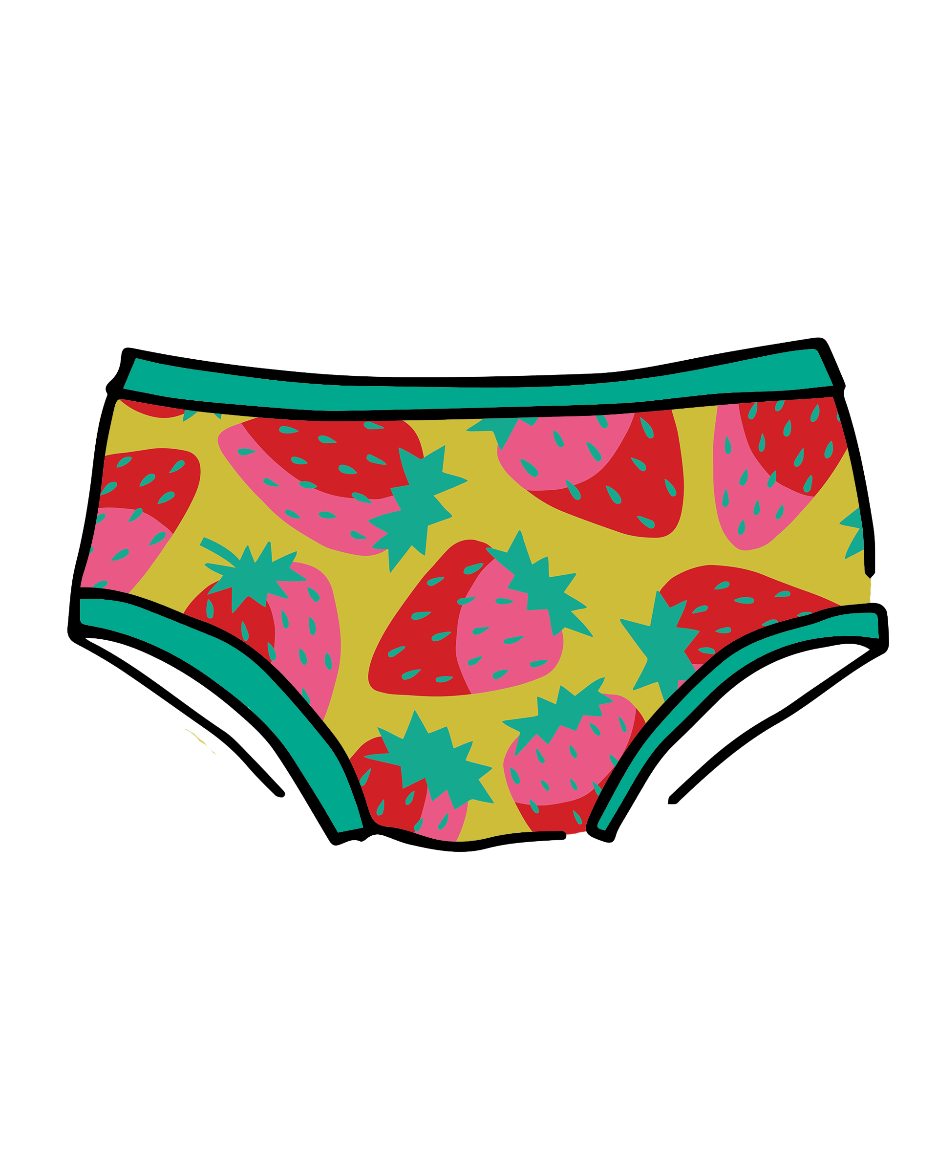 Drawing of Thunderpants Hipster style underwear in a Strawberry print - pink, red, and peacock green on chartreuse. 
