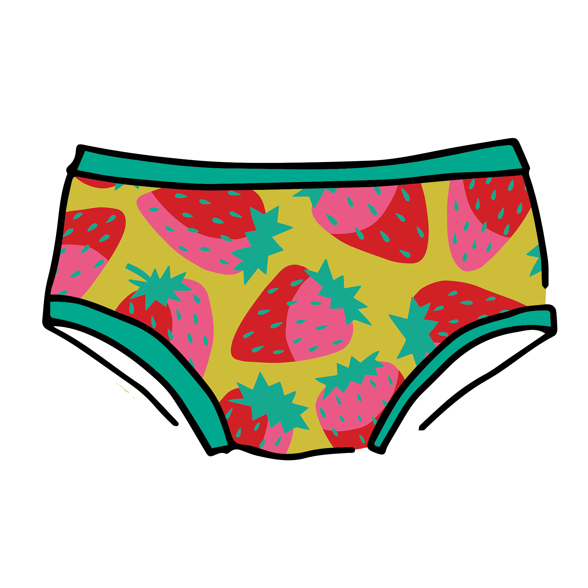 Drawing of Thunderpants Hipster style underwear in a Strawberry print - pink, red, and peacock green on chartreuse. 