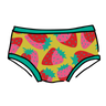 Drawing of Thunderpants Hipster style underwear in a Strawberry print - pink, red, and peacock green on chartreuse. 