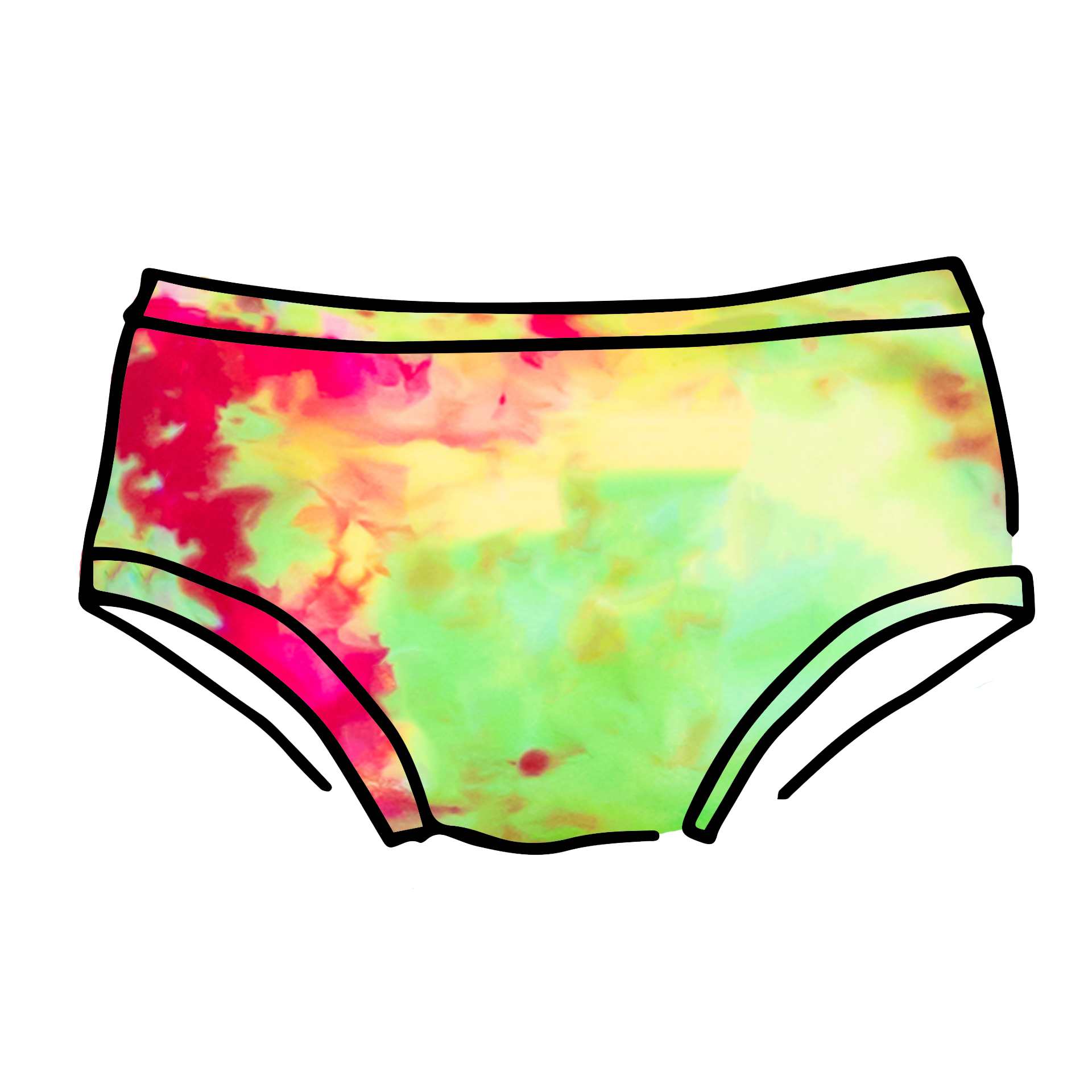 Drawing of Thunderpants Hipster style underwear in Summer Crush Ice Dye - pinks, blues, yellows.