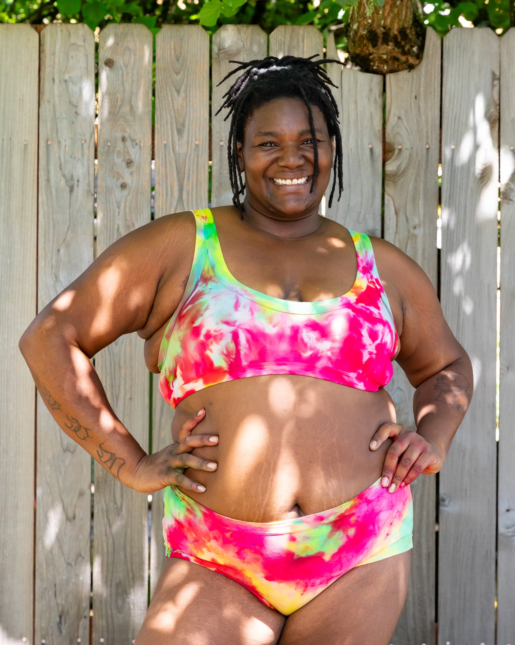 Model wearing Thunderpants Hipster style underwear and Bralette in Summer Crush Ice Dye - pinks, blues, yellows.