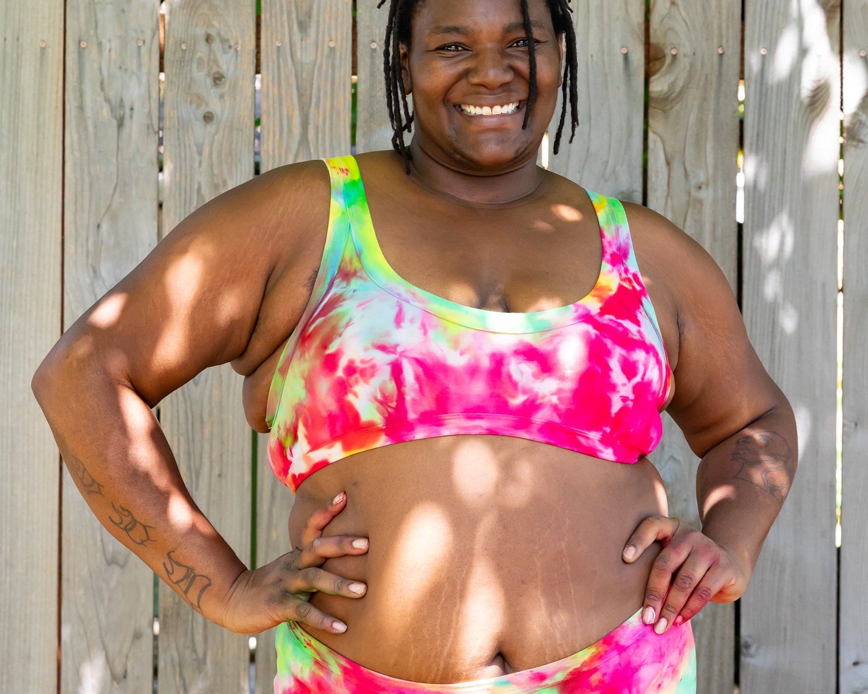 Model wearing Thunderpants Hipster style underwear and Bralette in Summer Crush Ice Dye - pinks, blues, yellows.