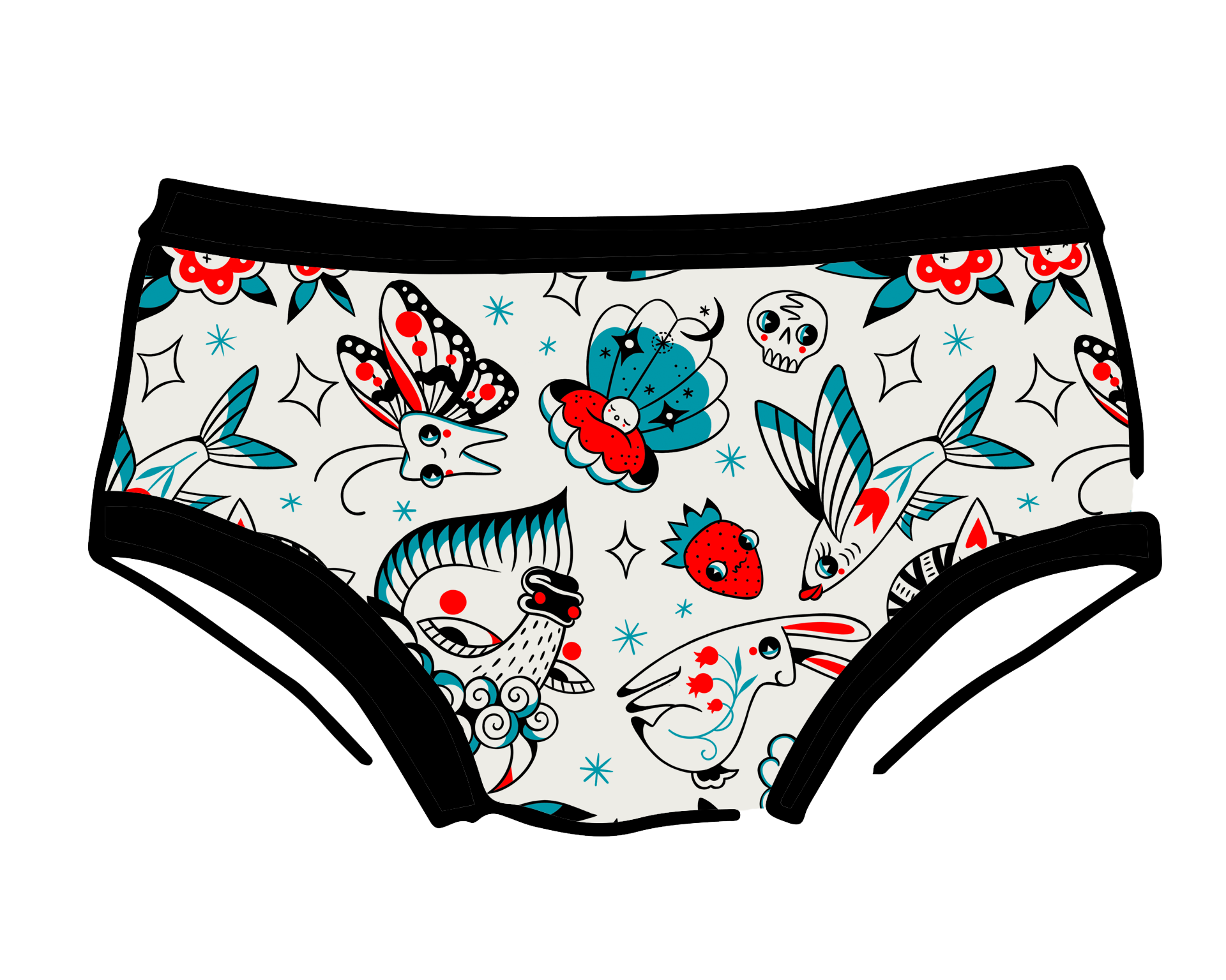 Drawing of Thunderpants Hipster style underwear in Inked Up - a tattoo pattern with black, red, and blue. 