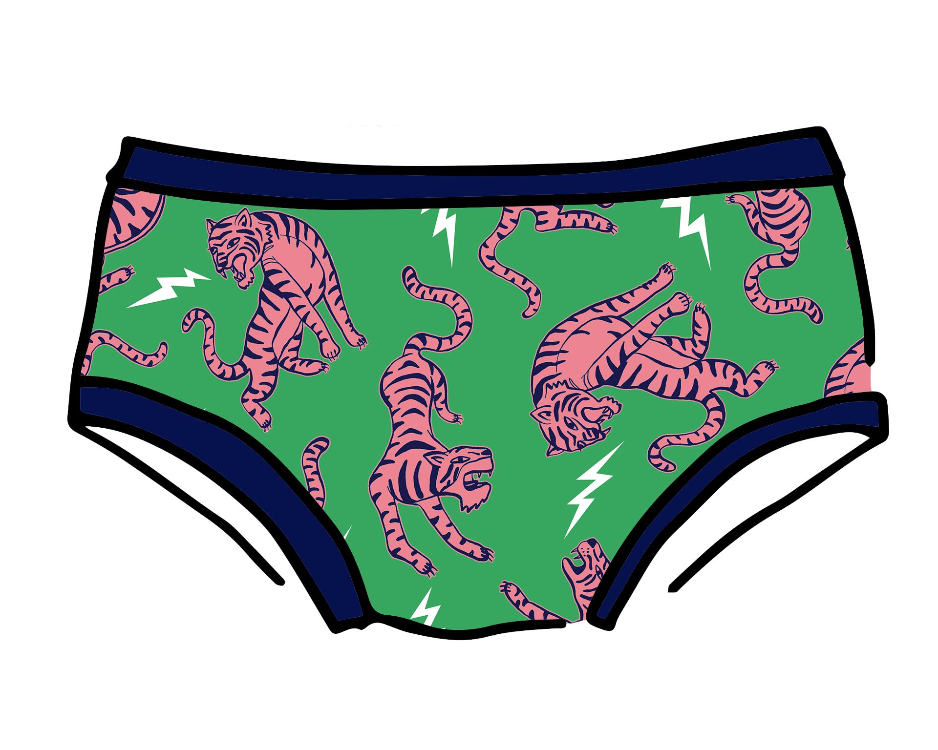 Drawing of Thunderpants organic cotton Hipster style underwear in Electric Tiger - green with pink and blue tigers and white lightning bolts.