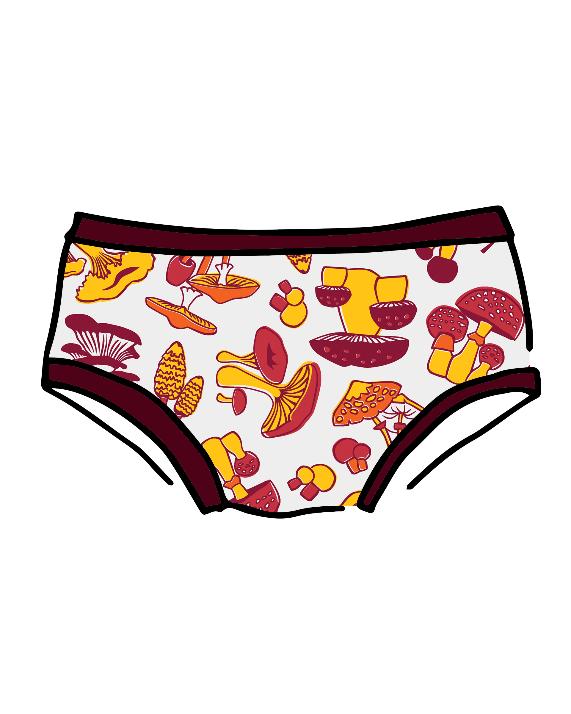 Drawing of Thunderpants Hipster style underwear in Whadda Mushroom - red, yellow, and orange mushrooms.