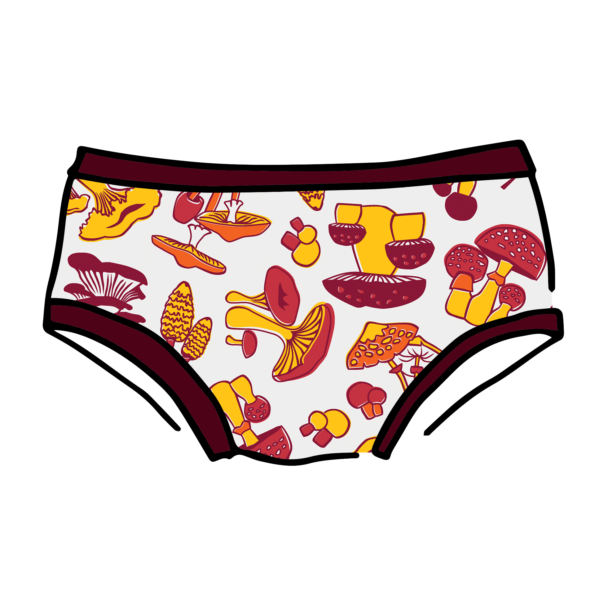 Drawing of Thunderpants Hipster style underwear in Whadda Mushroom - red, yellow, and orange mushrooms.