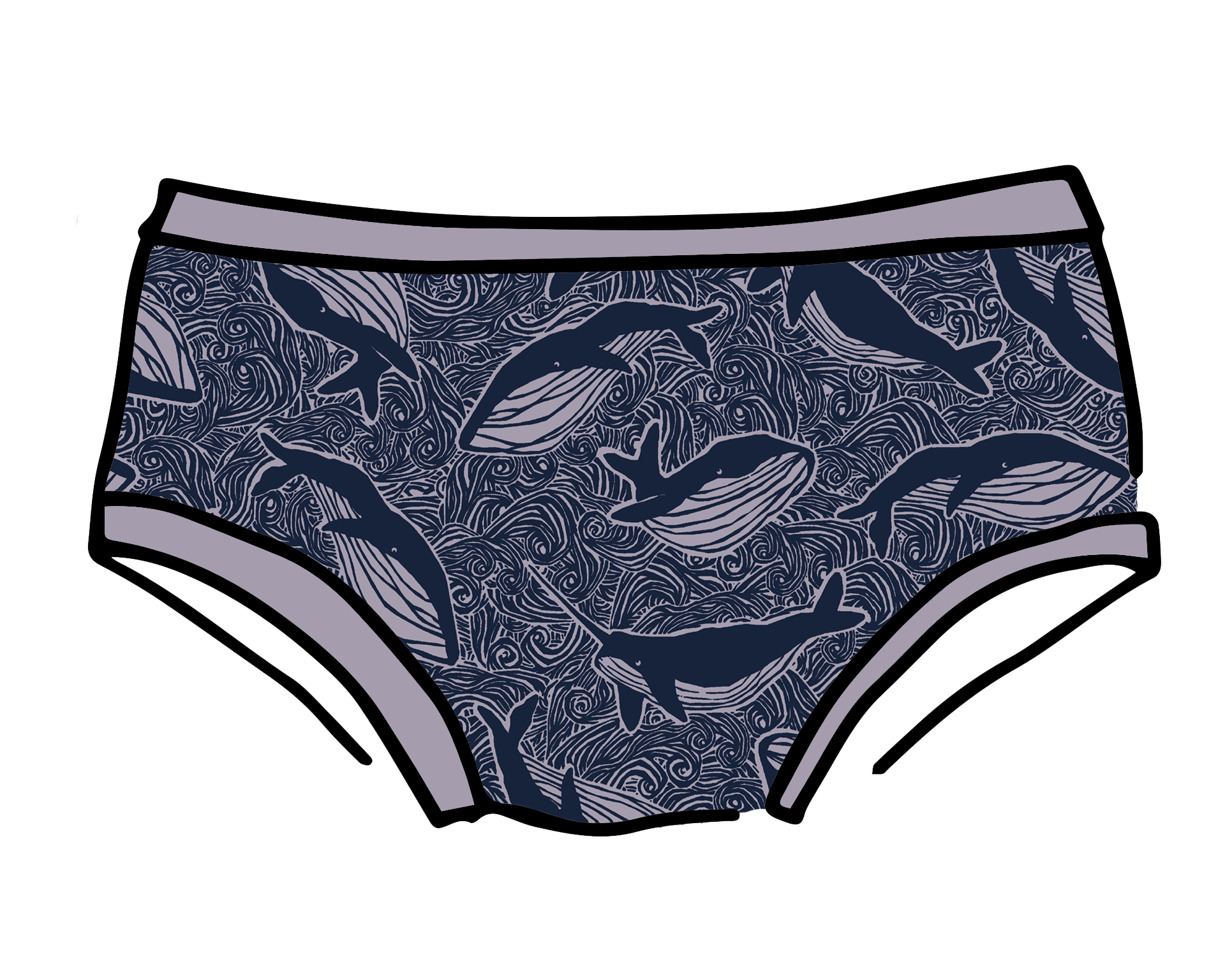 Drawing of Thunderpants Hipster style underwear in Whale, Whale, Whale print - indigo whales on lavender.