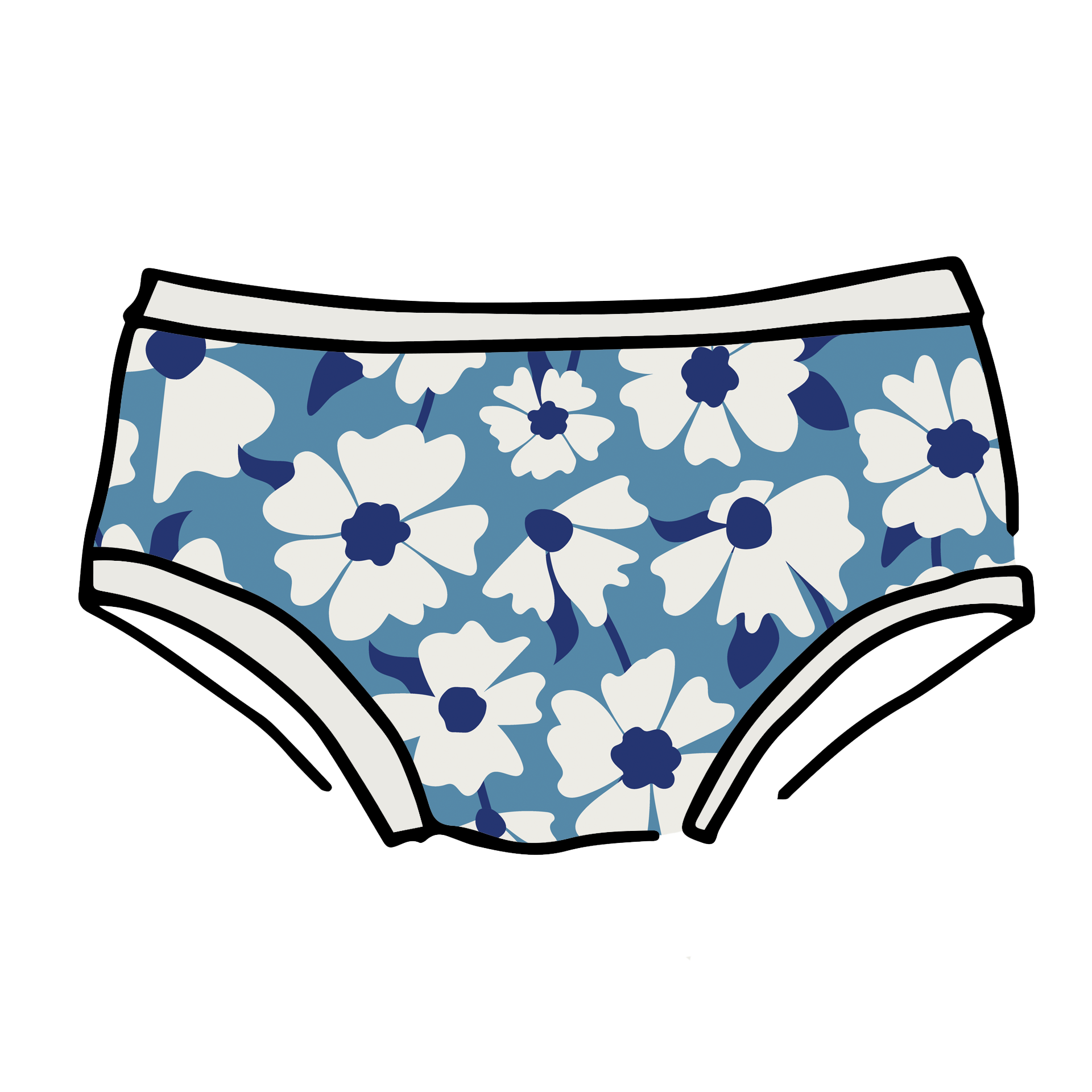 Drawing of Thunderpants Hipster style underwear in Moody Blooms - white and blue flowers with blue background.