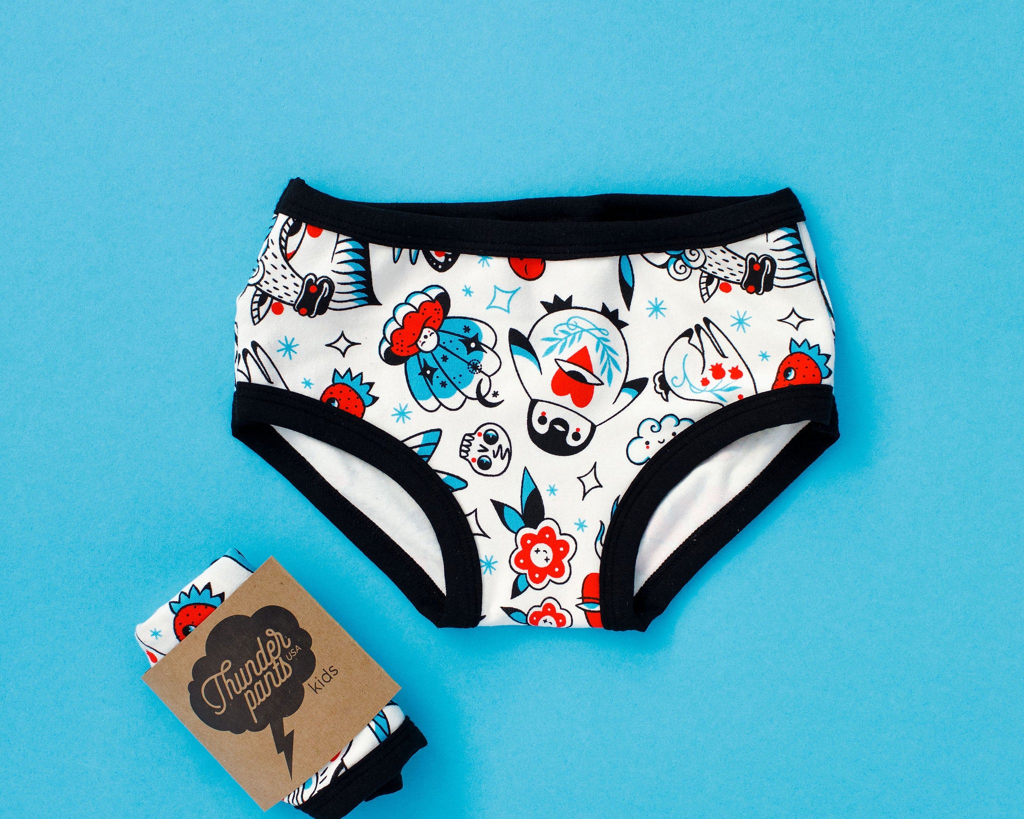 Flat lay of Thunderpants Kid's Original style underwear in Inked Up print.