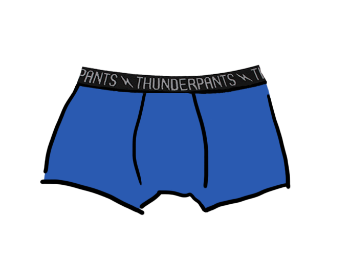 Drawing of Thunderpants Kid's Boxer Brief style underwear in Blueberry Blue  print.