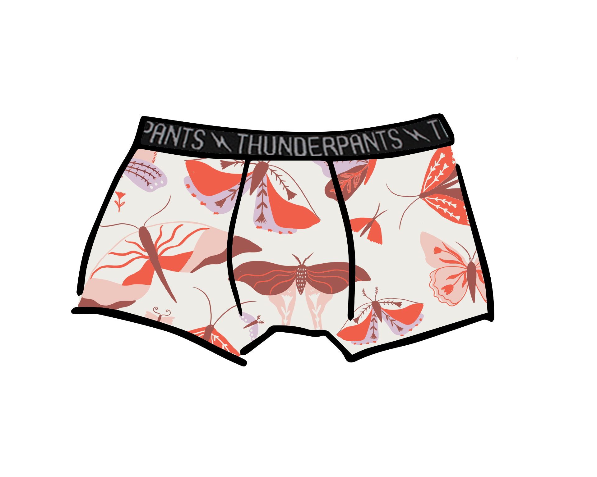 Drawing of Kids Boxer Brief style underwear in Field Study - pink, brown, orange, and purple moths.