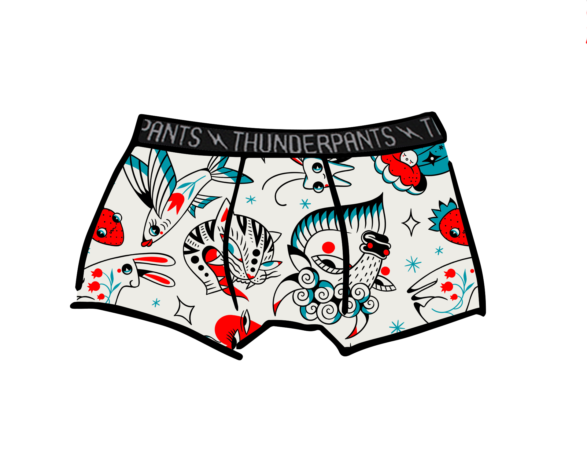 Drawing of Kids Boxer Brief style underwear in Inked Up - red, blue, and black tattoos.