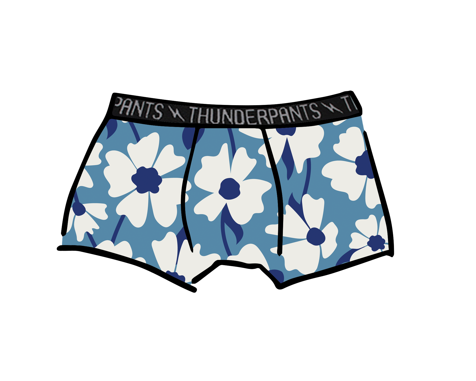 Drawing of Kids Boxer Brief style underwear in Moody Blues - blue and white flowers.