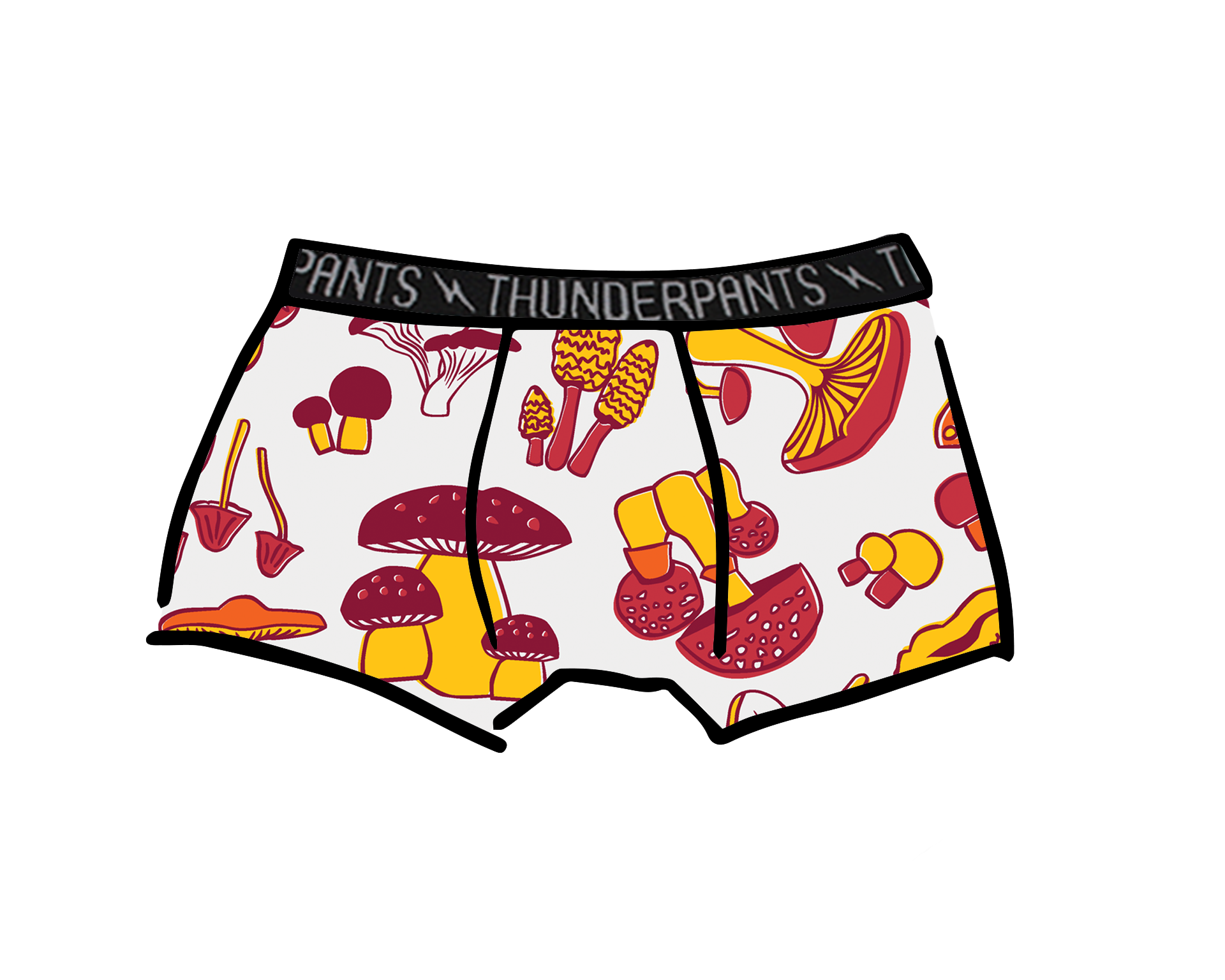 Drawing of Thunderpants Kids Boxer Brief style underwear in Mushroom print - red, orange, and yellow. 