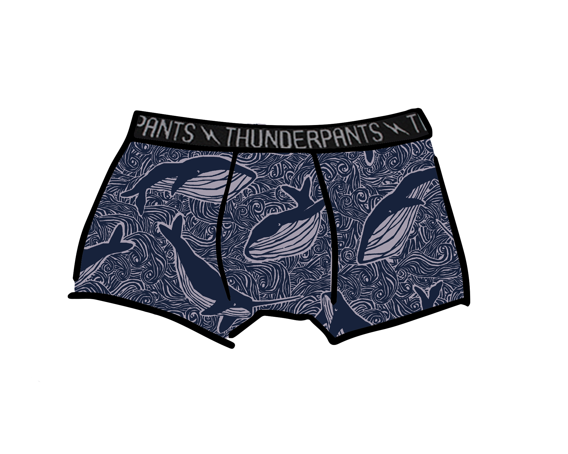 Drawing of Thunderpants Kids Boxer Brief style underwear in Whale print - blue on purple.