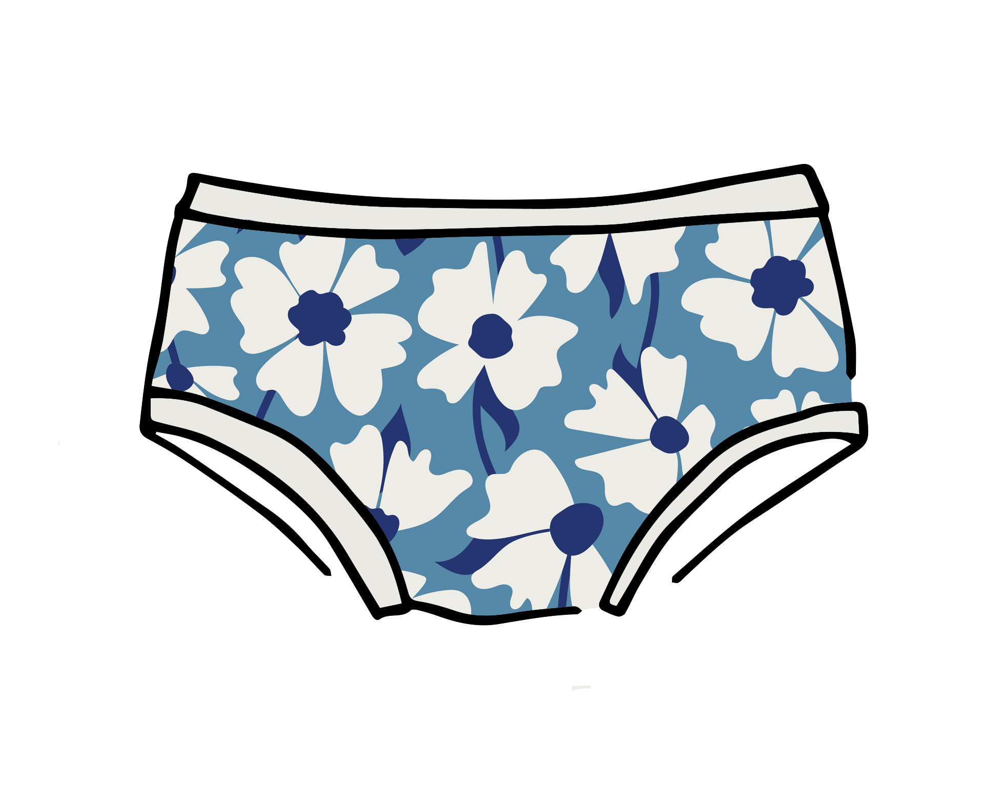 Drawing of Thunderpants Kids style underwear in Moody Blooms - blue and white flowers.