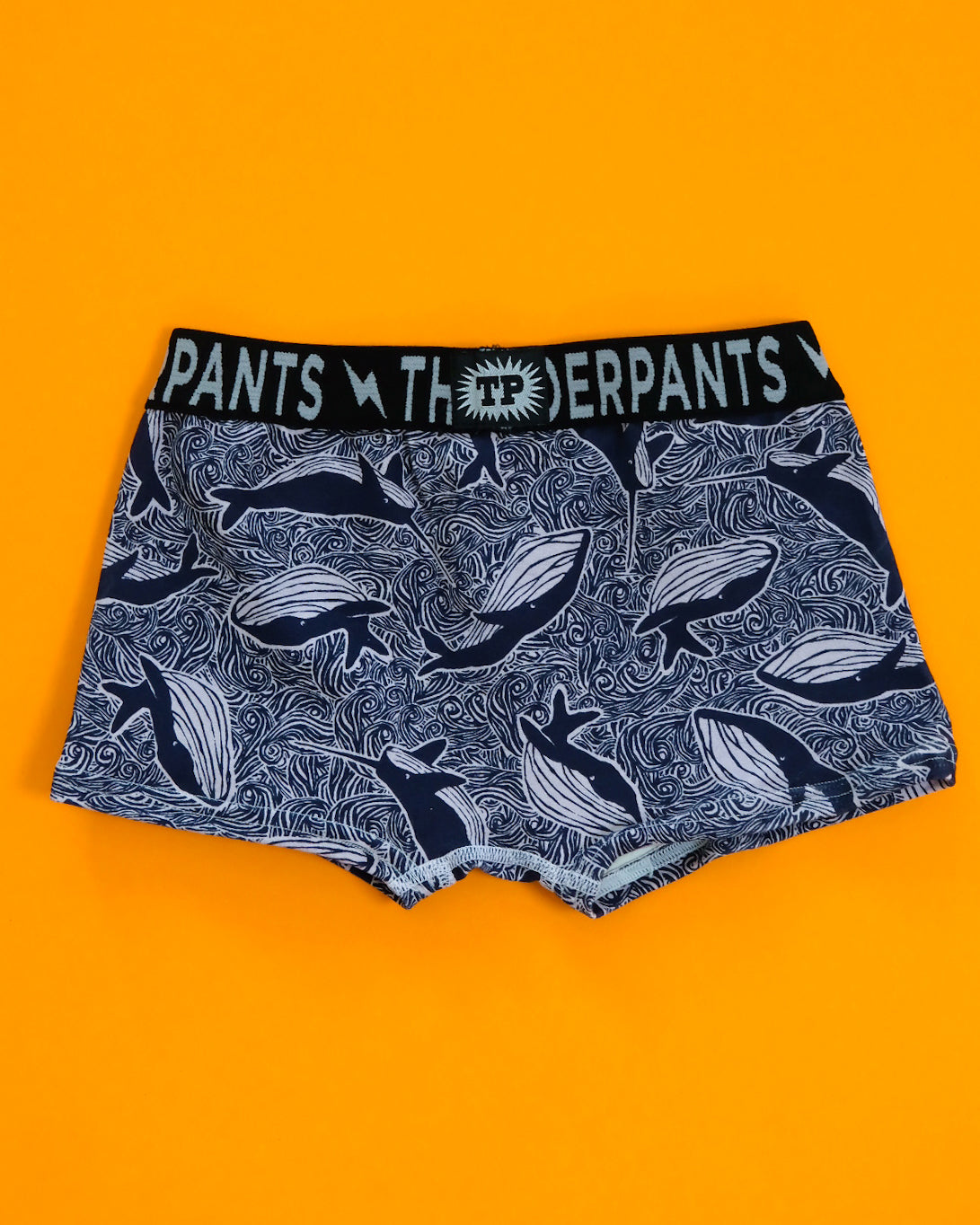Flat lay of Thunderpants Kids Boxer Brief style underwear in Whale print - blue on purple.
