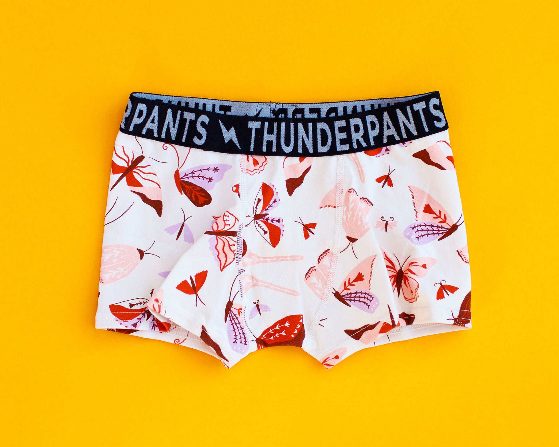 Flat lay of Kids Boxer Brief style underwear in Field Study - pink, brown, orange, and purple moths.