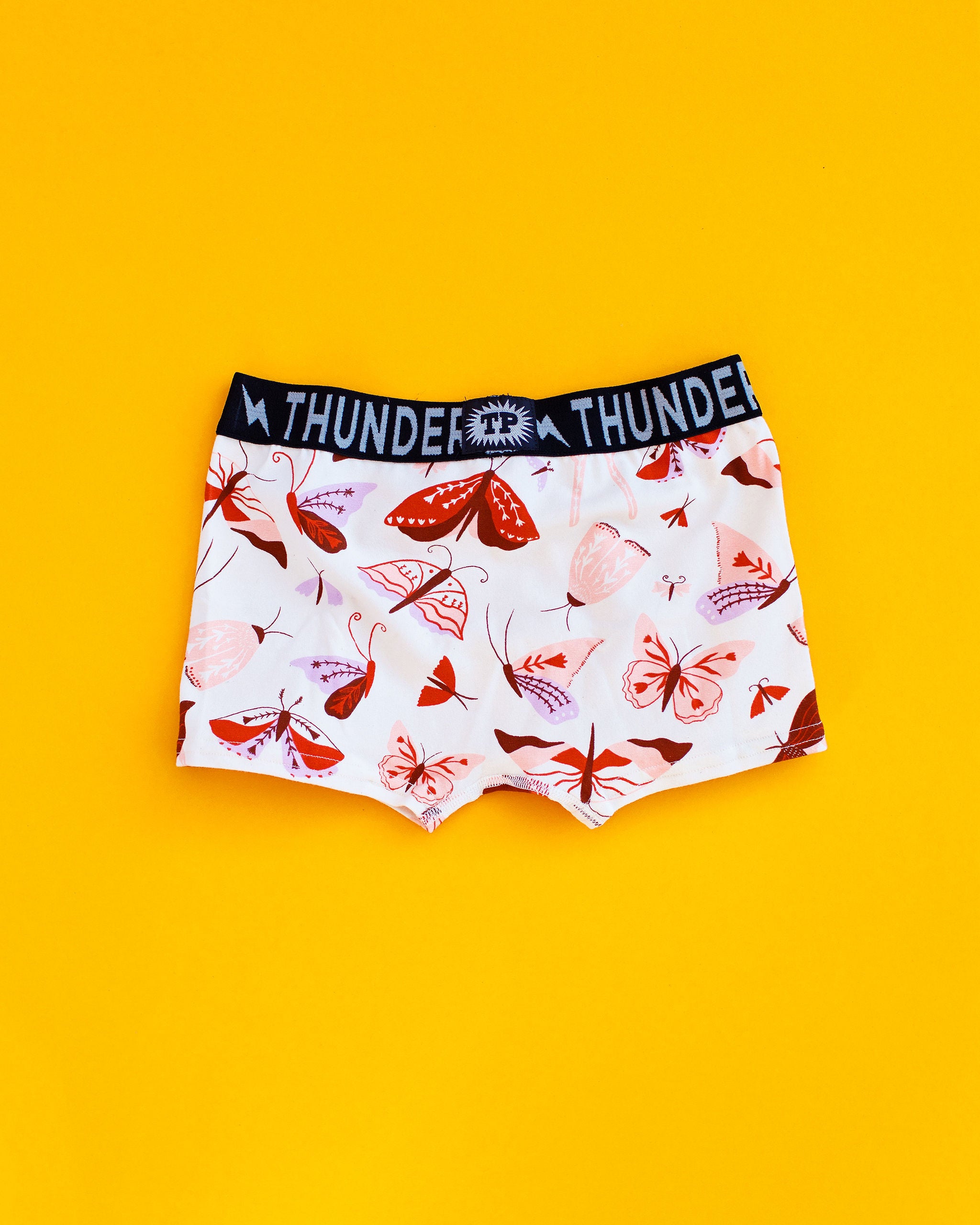 Flat lay of Kids Boxer Brief style underwear in Field Study - pink, brown, orange, and purple moths.