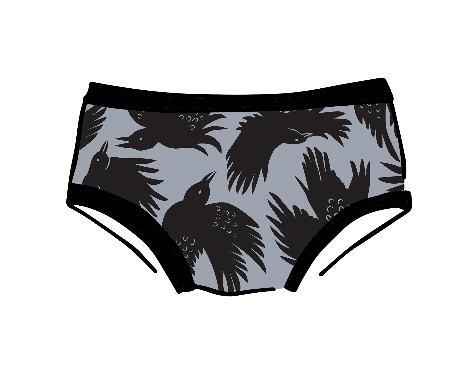 Drawing of Thunderpants Kid's style underwear in So it Crows - grey with black crows.