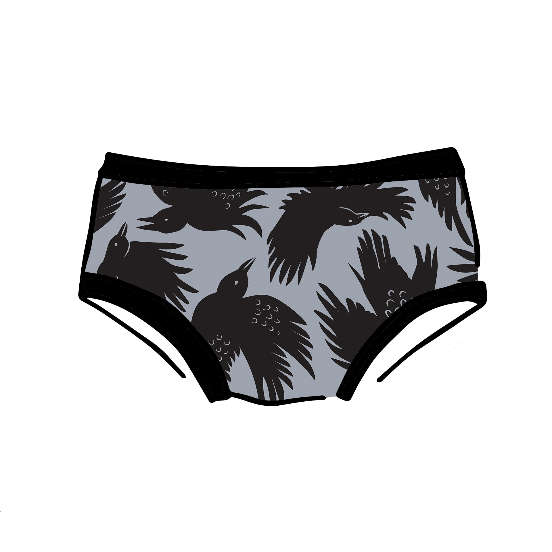 Drawing of Thunderpants Kid's style underwear in So it Crows - grey with black crows.