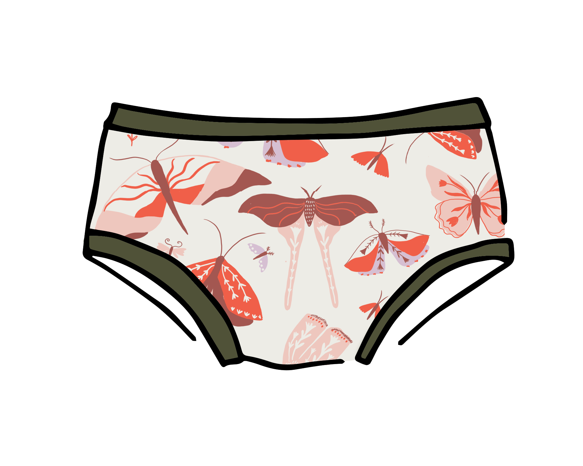 Drawing of Thunderpants Kids style underwear in Field Study - pink, brown, and orange moths.